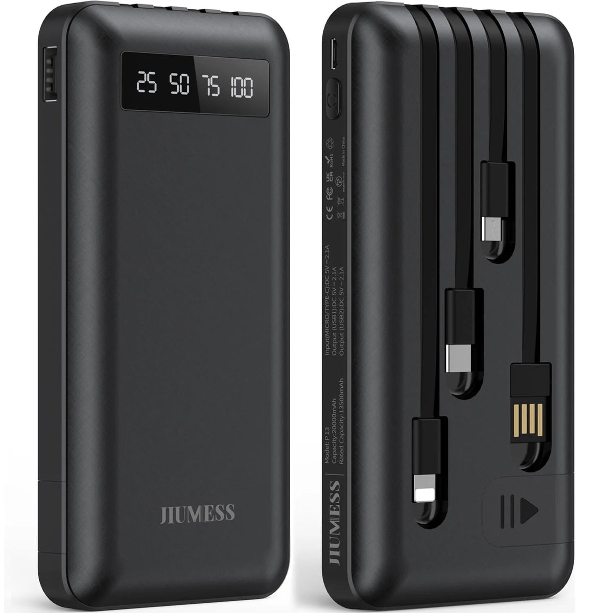 20000mAh Portable Power Bank with Cables for iPhone and Android Smartphones