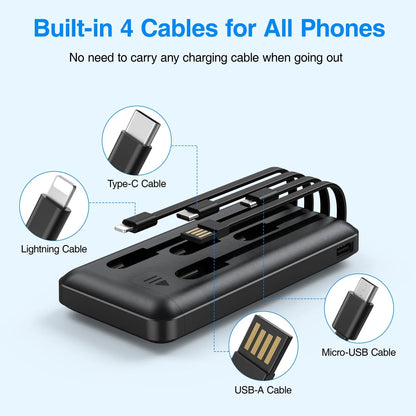 20000mAh Portable Power Bank with Cables for iPhone and Android Smartphones