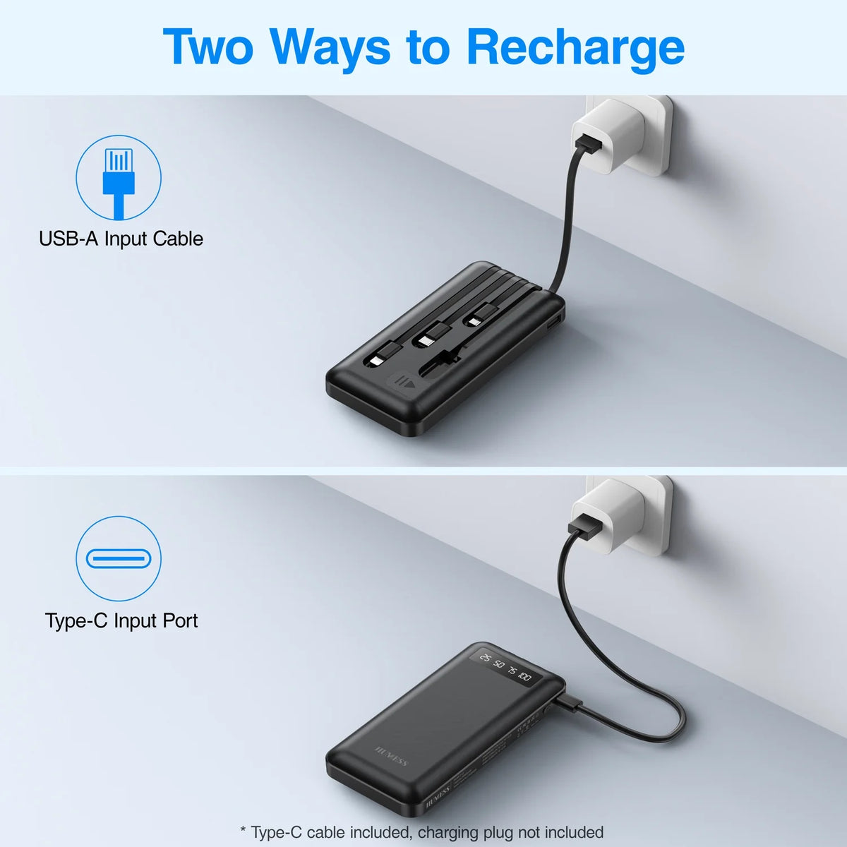 20000mAh Portable Power Bank with Cables for iPhone and Android Smartphones