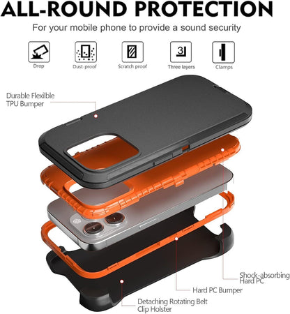Heavy-Duty Shockproof Case with Belt Clip for iPhone 12, 13, 14, 15, 16 Pro Max