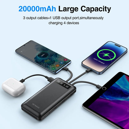 20000mAh Portable Power Bank with Cables for iPhone and Android Smartphones